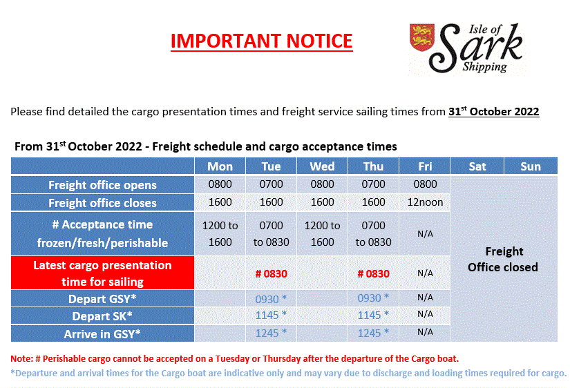 Freight schedule and Cargo acceptance times | Sark Shipping